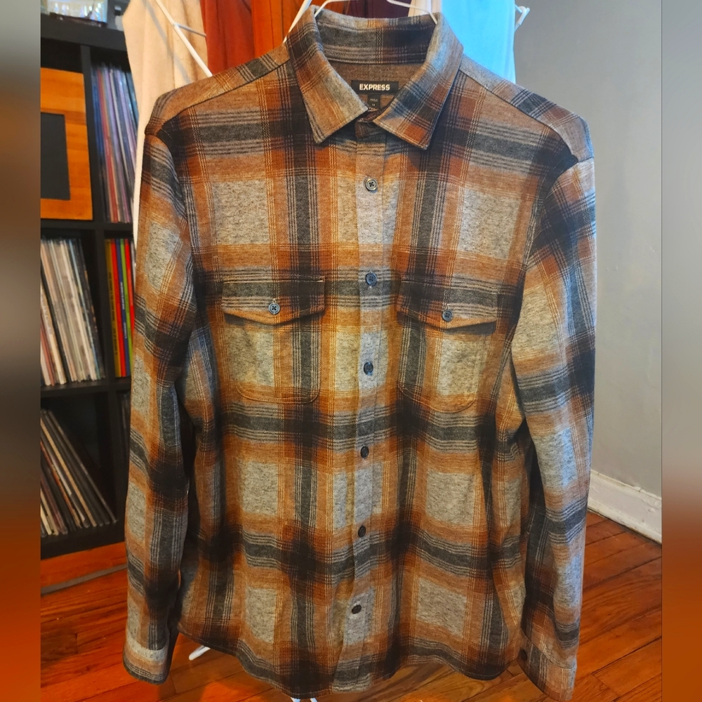 Express Men's Grey/Orange Flannel Shirt Medium
